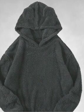 0186 ladies bear ear Plush Sherpa Crewneck Hoodie - black